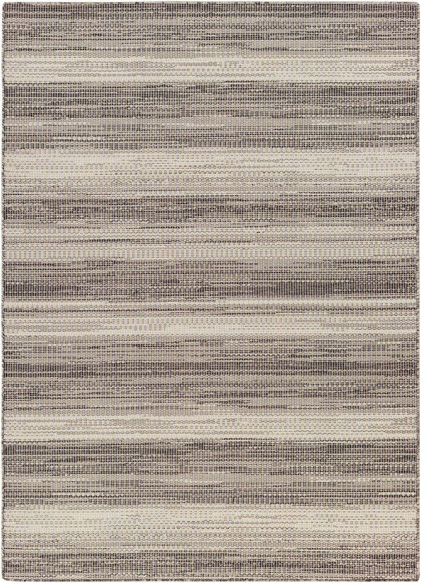 Close-up of Kris Black Area Rug showing horizontal stripes in beachhouse, dark gray, and multi brown colors. Design-Rectangle-517