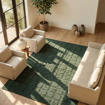 Living room with beige sofa and chairs on a green Janina Washable Area Rug with a geometric design. Roomscene-Rectangle