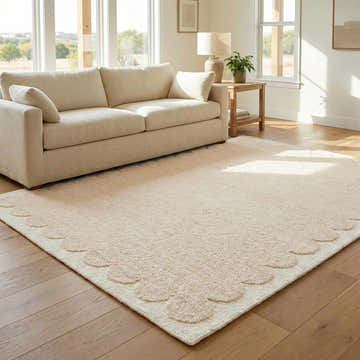 Beige living room with a cream sofa on a Lytufa Modern Art Deco handmade wool area rug. Roomscene-Rectangle
