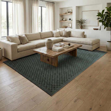 Living room with neutral sectional sofa and Gaiwan Oil Green Washable Area Rug with a subtle checkered pattern. Roomscene-Rectangle
