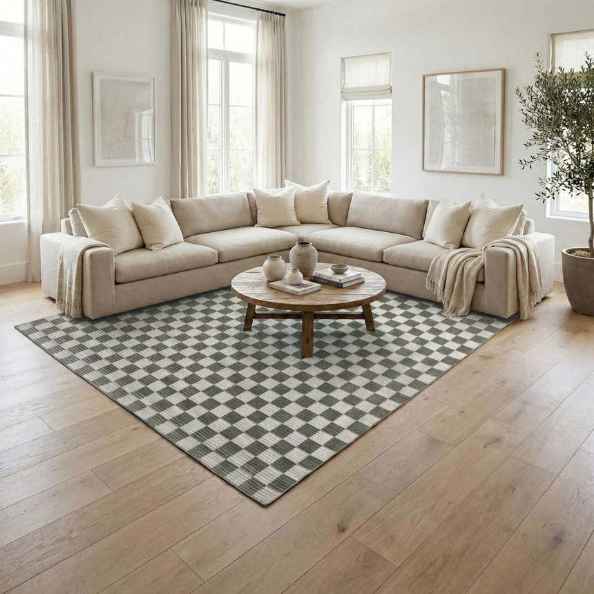 Neutral living room with a beige sectional and Kaysar Olive Green Checkered Washable Area Rug. Roomscene-Rectangle