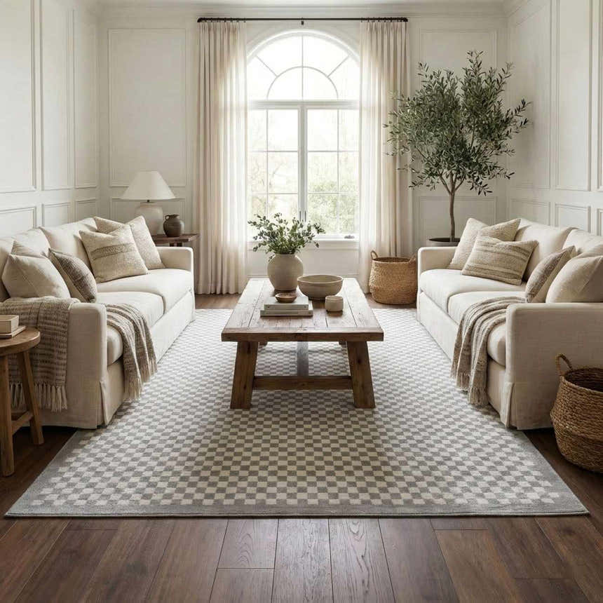 Living room with two sofas and a Gaiwan Cream Gray Washable Area Rug featuring a checkerboard pattern. Roomscene-Rectangle