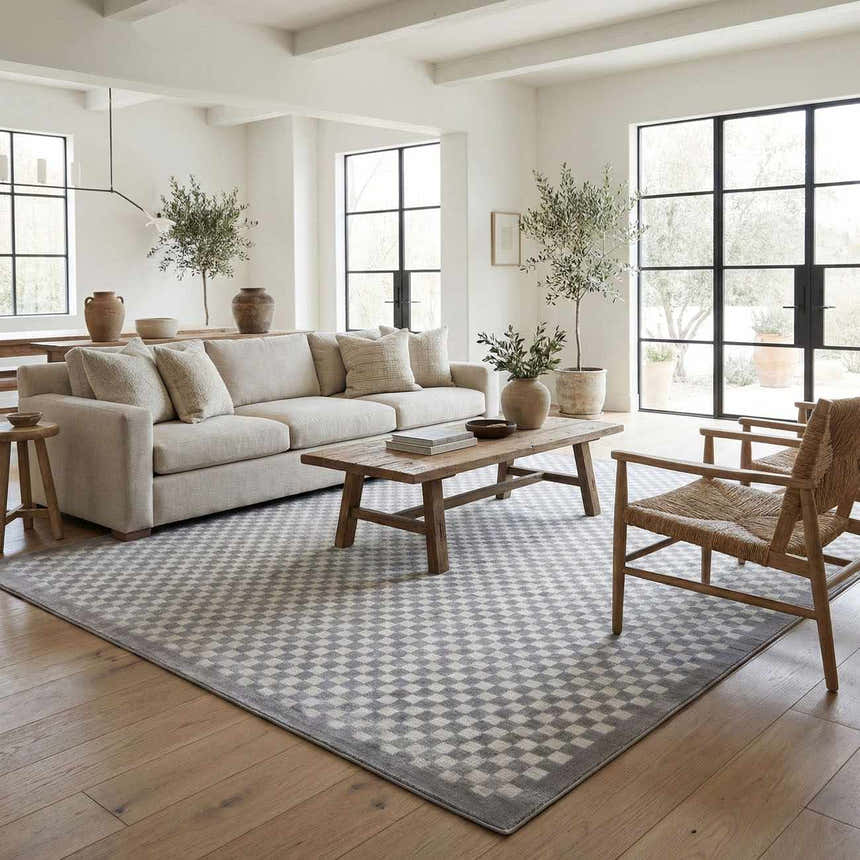 Living room with a light gray sofa and Gaiwan Cream Gray Washable Area Rug with a subtle checkerboard pattern. Roomscene-Rectangle