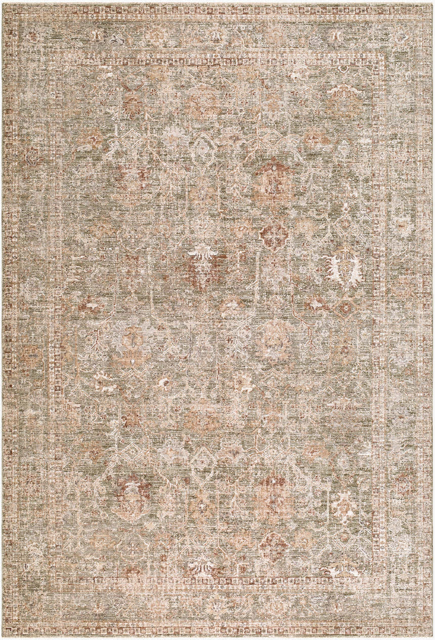 Close-up of Vintage Edit II Rachel Zoe x LIVABLISS RZDT-2310 rug. Antique ivory, terracotta, sage, and taupe traditional pattern. Design-Rectangle-6796