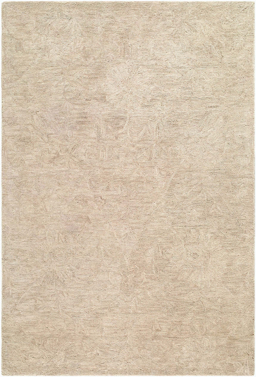Close-up of the Lnahhe Abstract Modern Hand Tufted Wool Area Rug. Beige, cream, and sandstone tones with subtle abstract pattern. Design-Rectangle-576