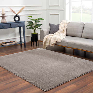 Living room with gray sofa and Charven Charcoal Wavy Abstract Rug on wood floor. Modern minimalist style. Roomscene-Rectangle
