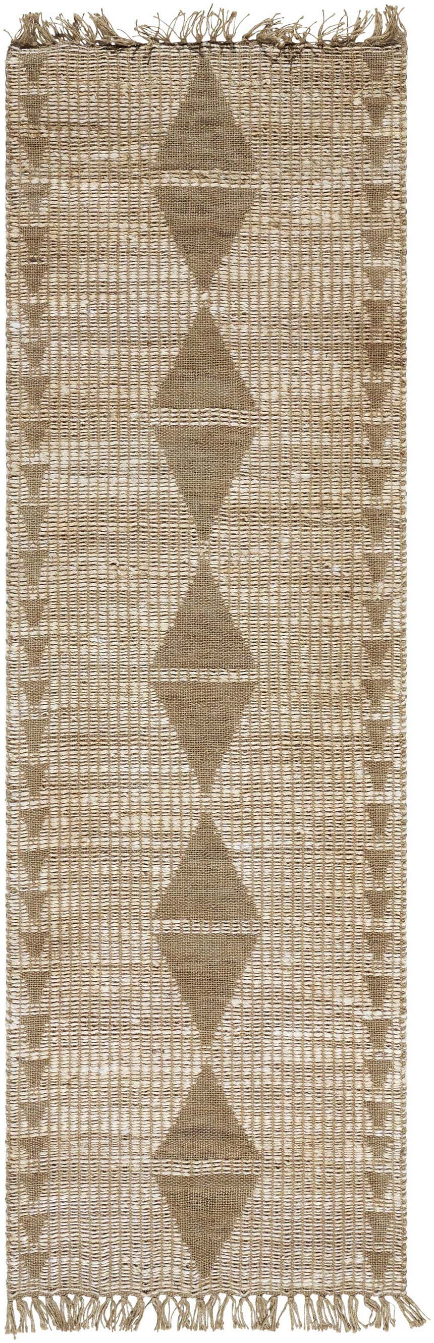 Close-up of the Marie Jute Rug. Hand-woven runner rug in ash and khaki with a diamond pattern and fringed edges. Farmhouse style. Design-Runner-268