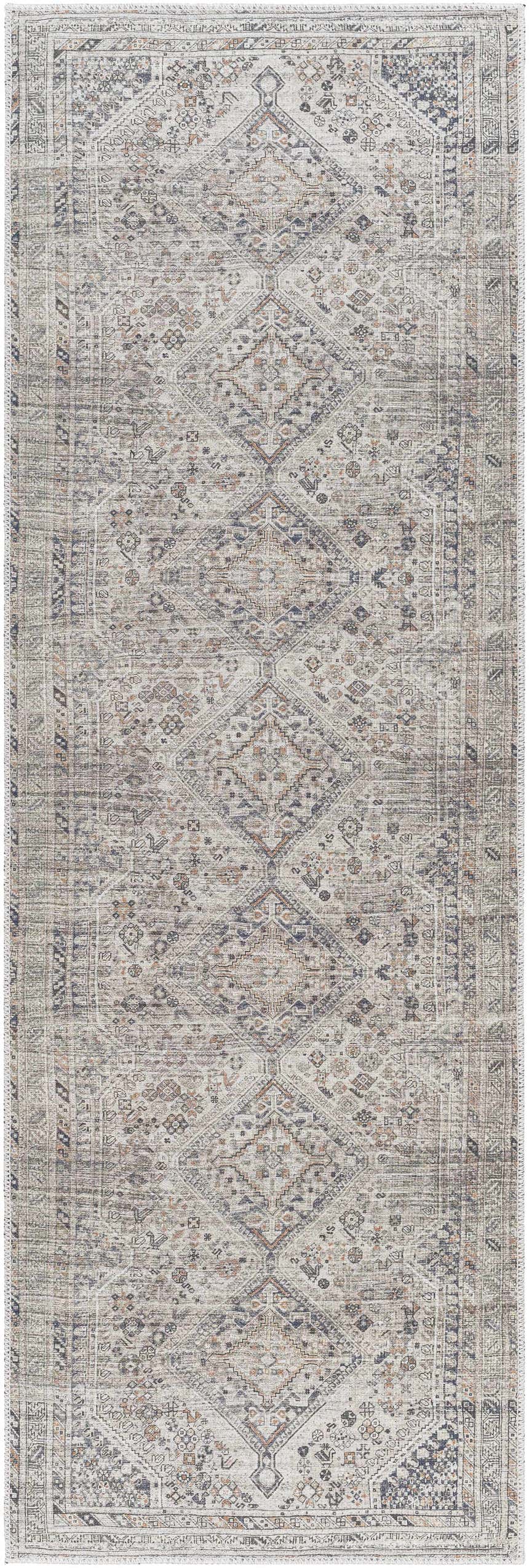 Close-up of the Barny Beige Flat Pile Washable Rug, showcasing its traditional farmhouse pattern in ivory, gray, and slate blue. Design-Runner-27710