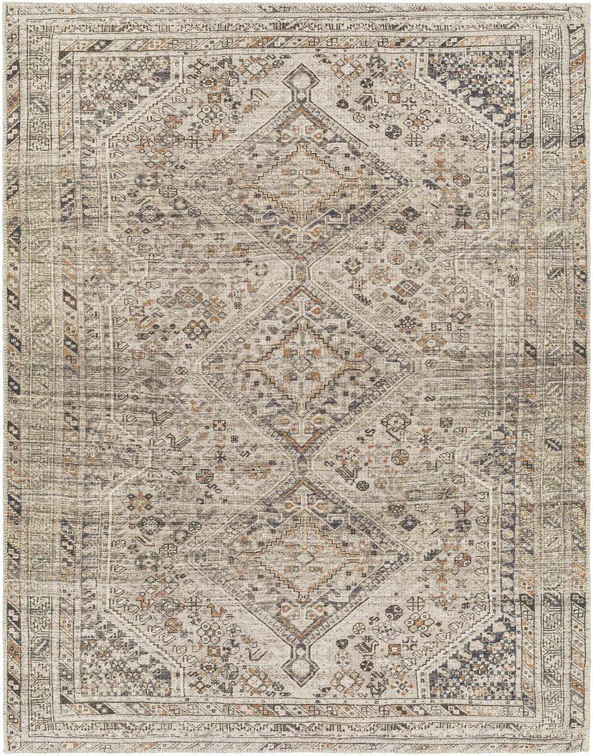 Close-up of the Barny Beige Flat Pile Washable Rug featuring a traditional diamond pattern in beige, black, gray, and orange hues. Design-Rectangle-5373