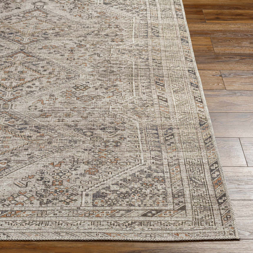 Close-up of the Barny Beige Flat Pile Washable Rug showing its traditional pattern, neutral colors, and flat weave texture. Front