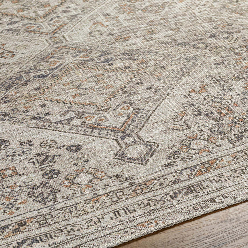 Close-up of the Barny Beige Flat Pile Washable Rug showing its traditional design, beige color, and flat weave texture. Texture