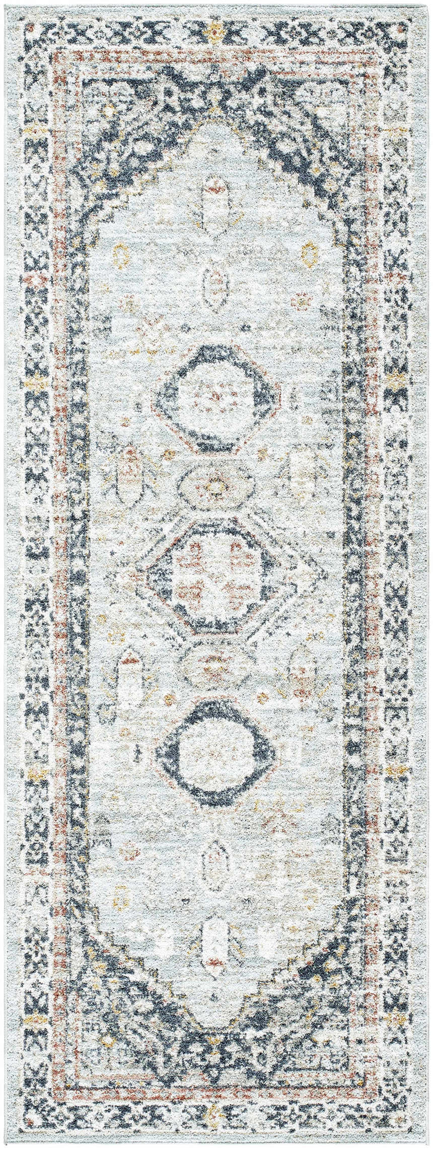 Close-up of the Gilda Area Rug. Light gray rug with a traditional farmhouse pattern and natural gray, black, and rust accents. Design-Runner-2773
