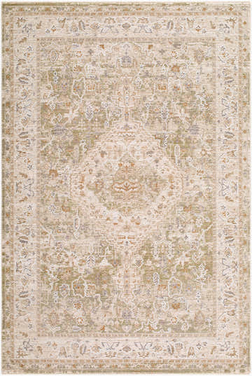 Close-up of the Khayri Area Rug. Beige, cream, gray, olive, and tan tones with a traditional, floral-inspired pattern. Design-Rectangle-575