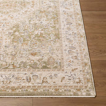 Close up of the Khayri Area Rug showing beige, cream, gray, olive and tan colors with a traditional pattern on wood floor. Front