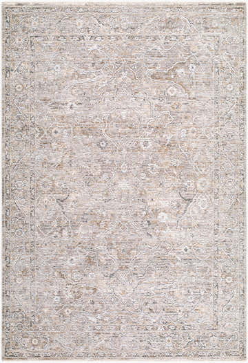 Close-up of the Logao Light Gray Persian Area Rug. Machine woven polyester with beige, charcoal, and cream floral pattern. Design-Rectangle-575