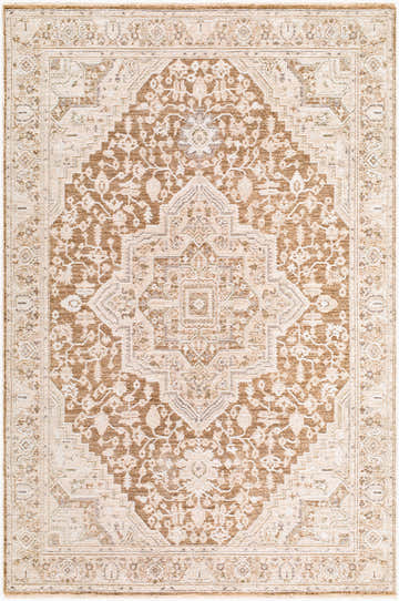 Detailed Pexi Gray Medallion rug. Machine woven polyester rug with beige, cream, gray, olive, and tan colors. Traditional farmhouse style. Design-Rectangle-575