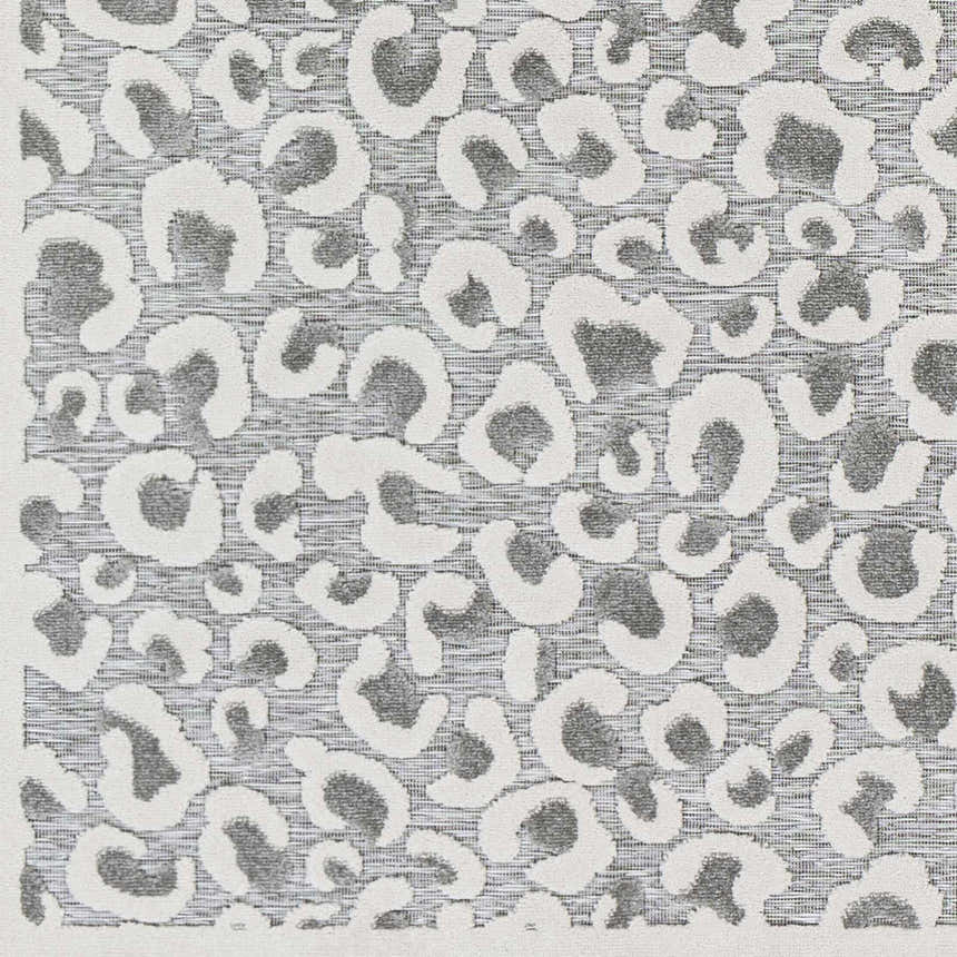 Close-up of Seascale Outdoor Carpet. Gray and white animal print rug with a woven texture. Contemporary style. Swatch