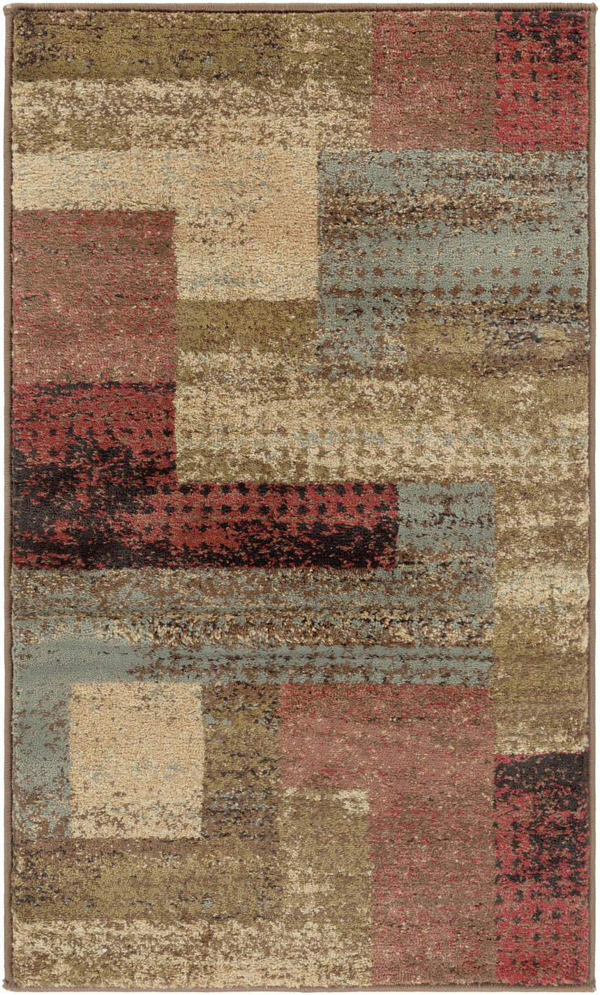 Close-up of the Sentinel Riley Geometric Rug. Features a textured geometric pattern in red, green, brown, and beige tones. Design-Rectangle-233