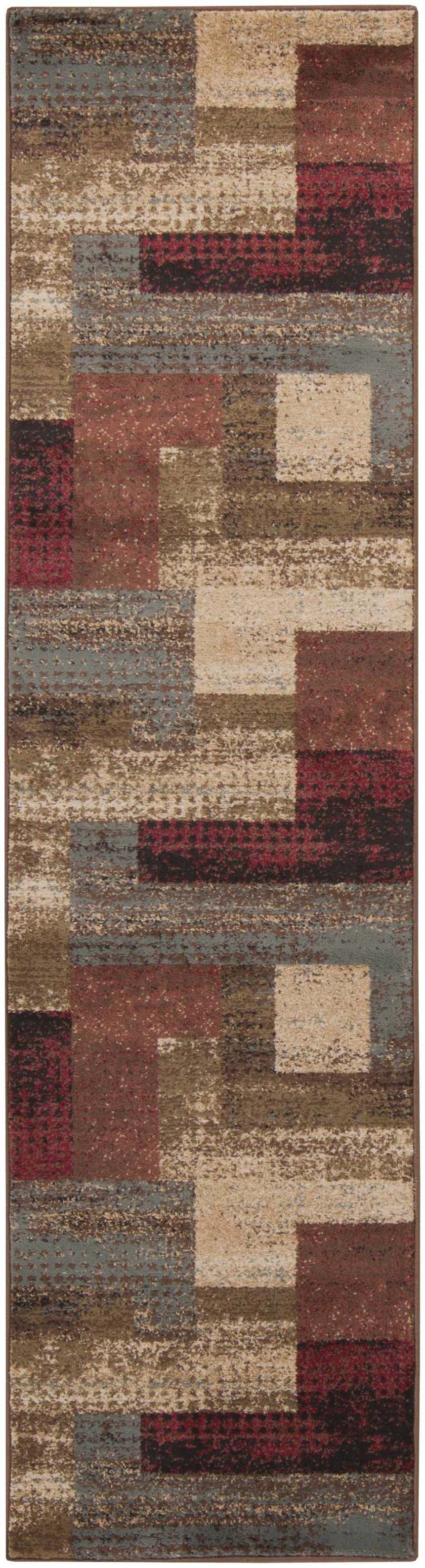 Close-up of the Sentinel Riley Geometric Rug, featuring a modern block pattern in red, brown, beige, and blue tones. Design-Runner-275