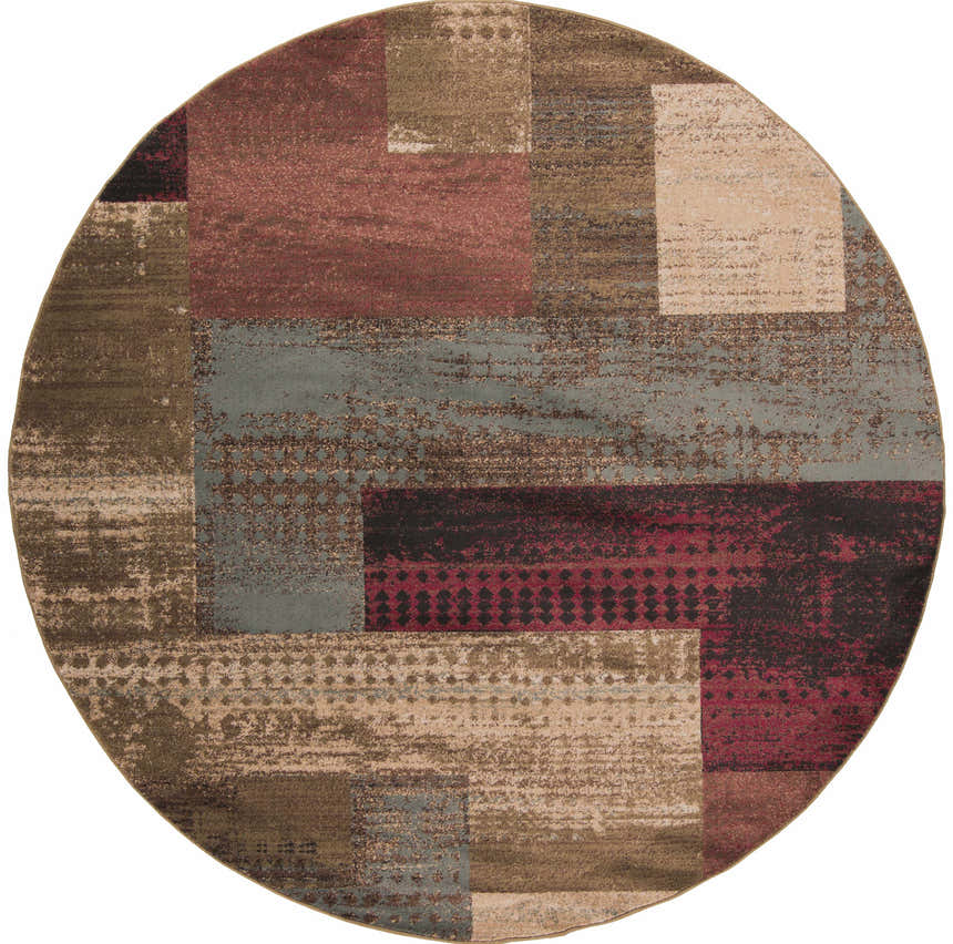 Round Sentinel Riley Geometric Rug featuring a contemporary block pattern in red, brown, tan, and blue. Design-Round-8