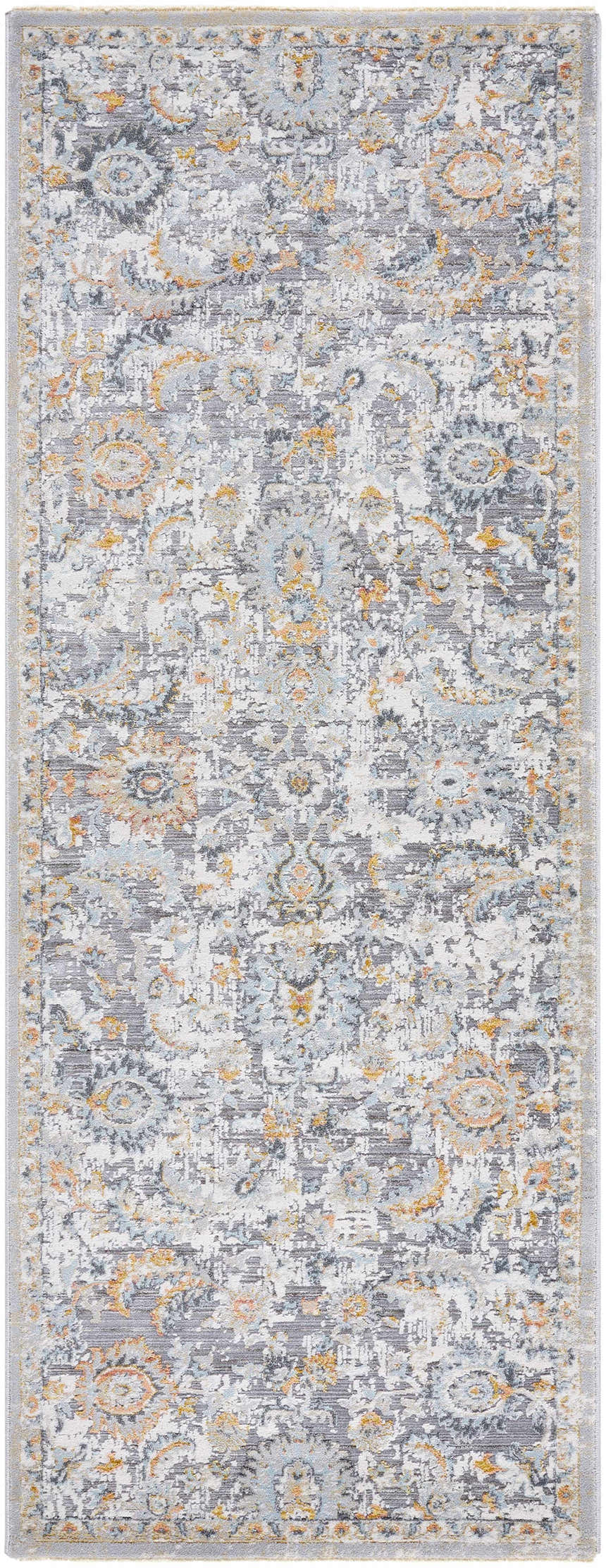 Detailed texture of the Atara Area Rug in cloud gray, brown, and nutmeg. Traditional, farmhouse style. Design-Runner-2773