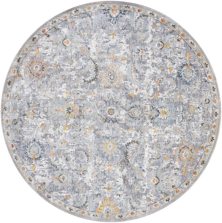 Round Atara Area Rug in cloud gray, light gray, and nutmeg. Traditional floral pattern, machine woven. Design-Round-710
