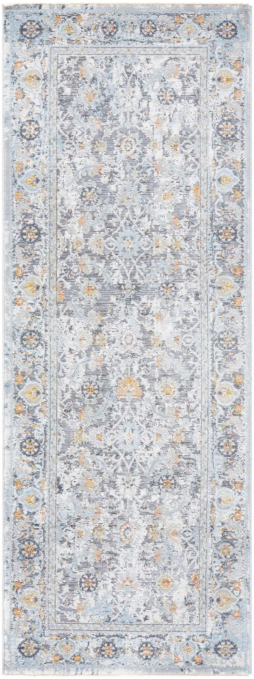 Close-up of the Finn Silver Blue Area Rug, showcasing its traditional floral pattern in silver, gray, and blue tones. Design-Runner-2773