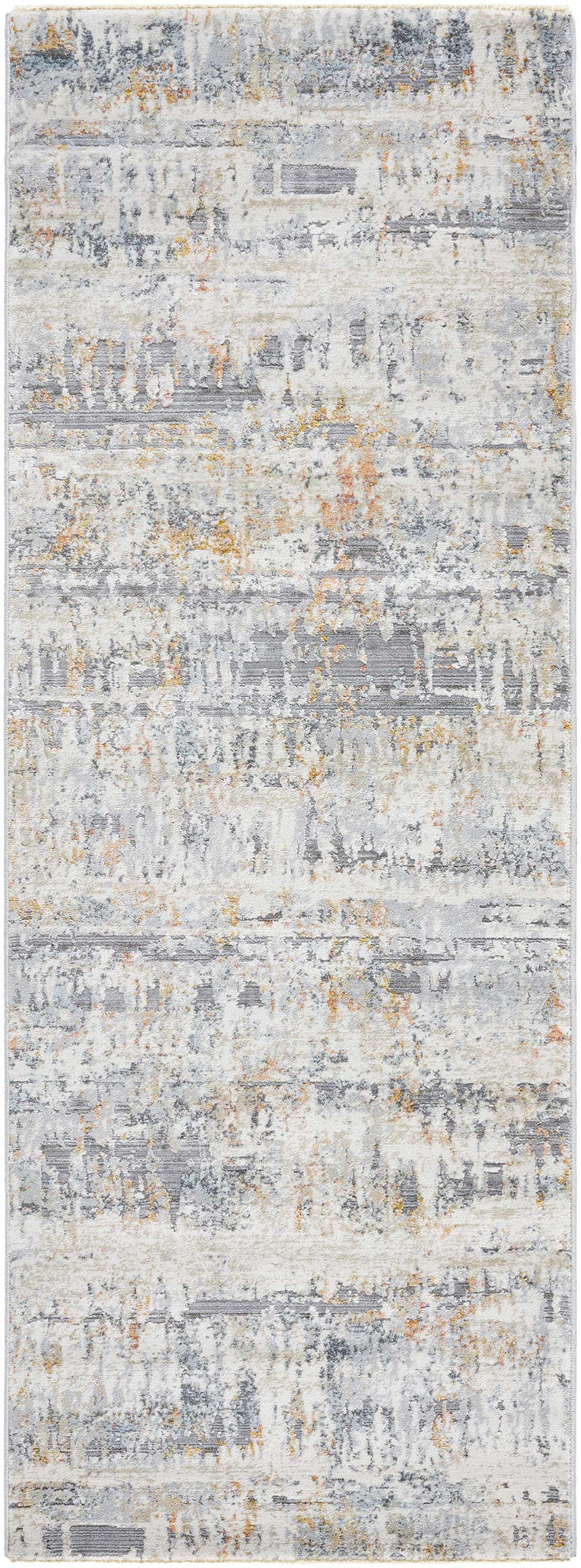 Close-up of the Guoda Area Rug. Contemporary style with driftwood, gray, and nutmeg colors. Machine woven texture. Design-Runner-2773