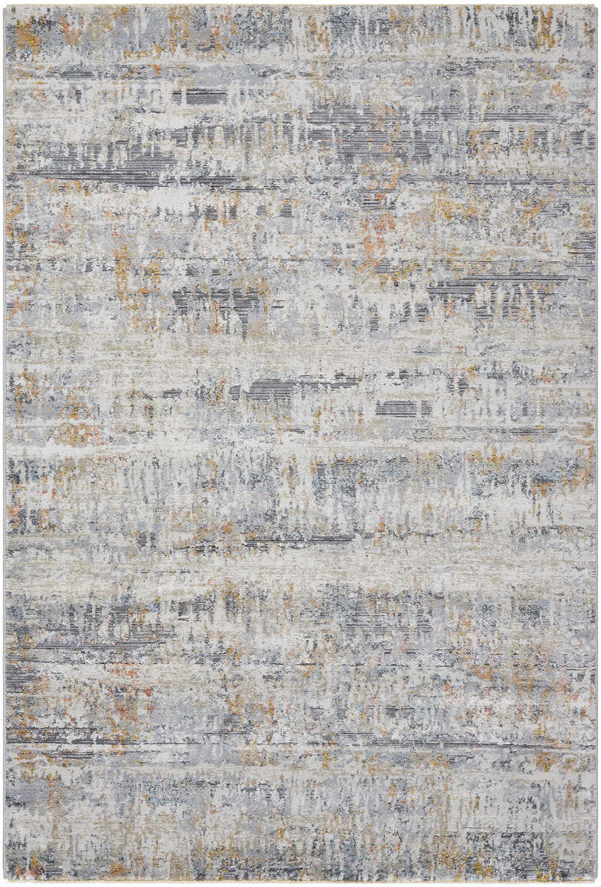 Close-up of the Guoda Area Rug. Contemporary design in driftwood, gray, and nutmeg hues. Machine woven texture. Design-Rectangle-575