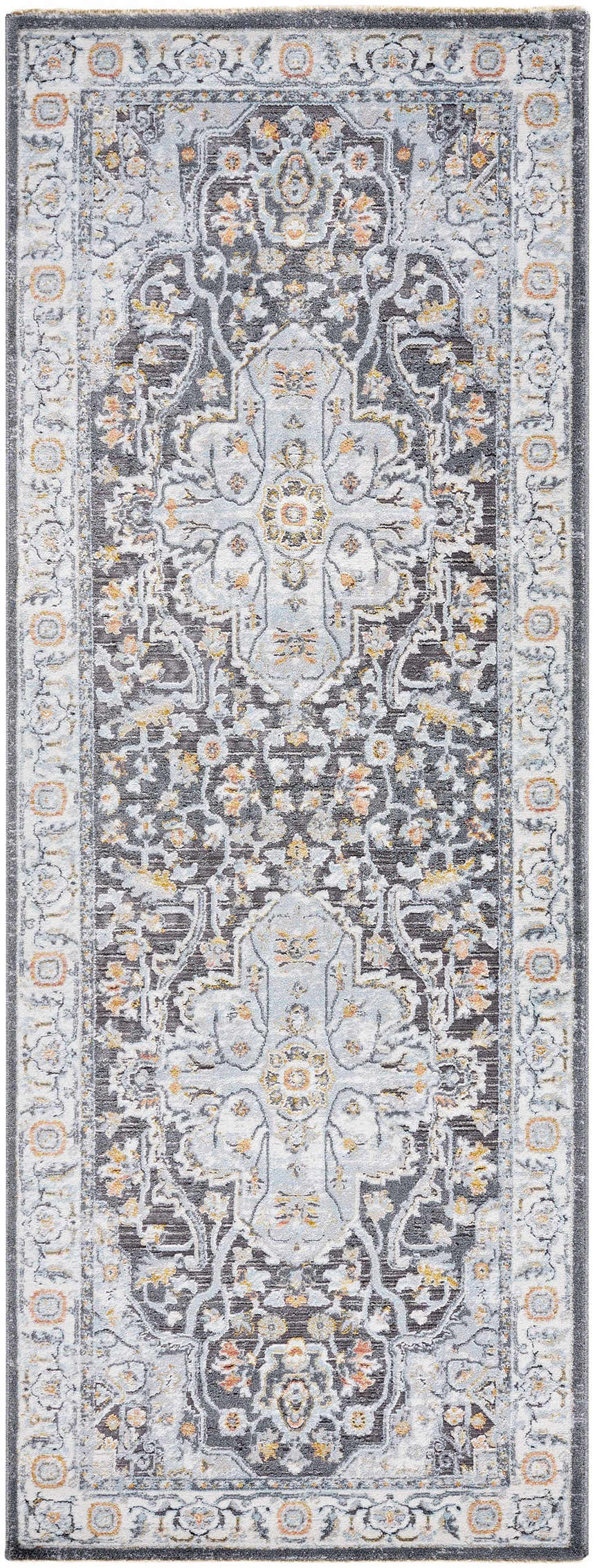 Detailed view of the Hayfa Area Rug; a traditional rug in dark gray, light gray, and orange tones. Design-Runner-2773