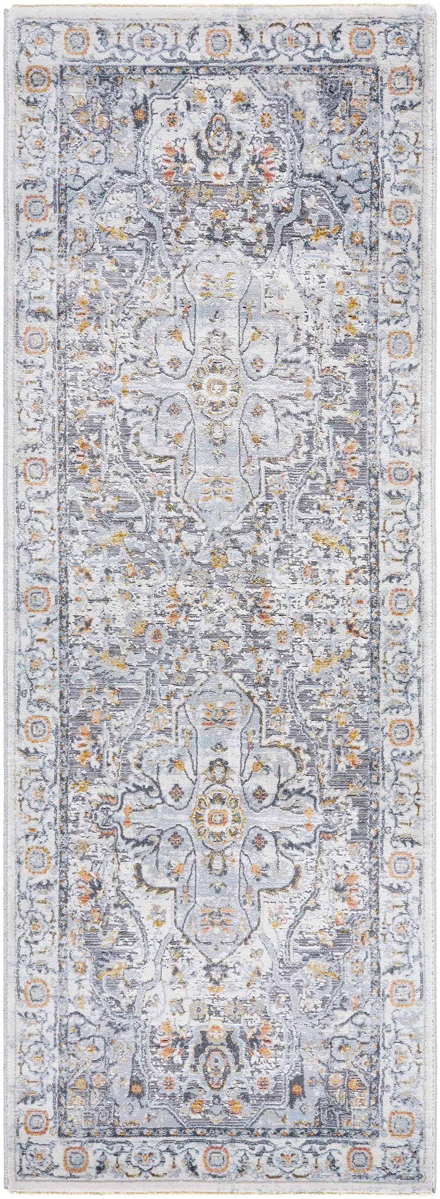 Close-up of the Hewez Area Rug. Machine woven rug with a traditional design in gray, nutmeg, and light blue hues. Design-Runner-2773