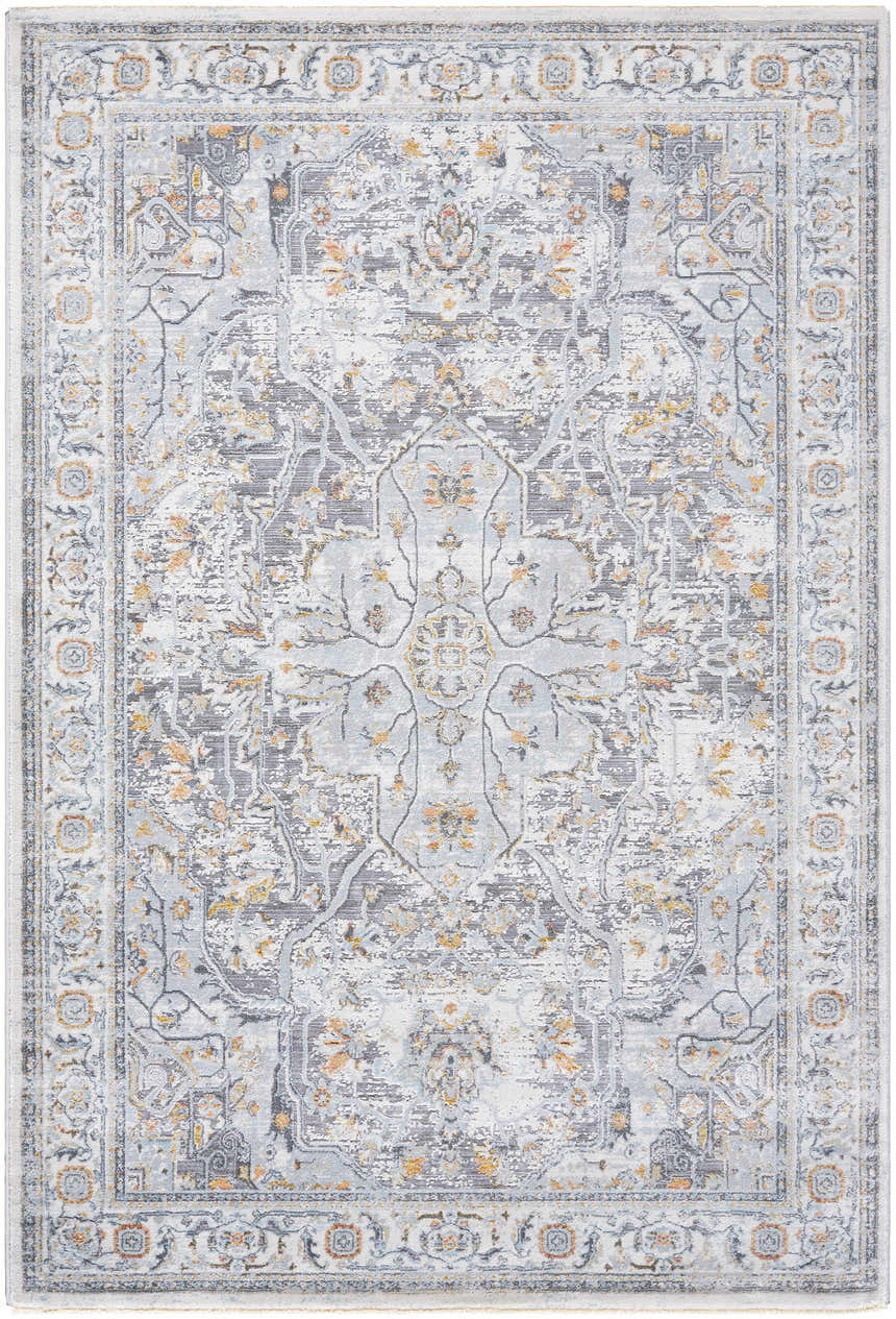 Close-up of the Hewez Area Rug. Traditional design in cloud gray, dark gray, and nutmeg with a distressed pattern. Design-Rectangle-576