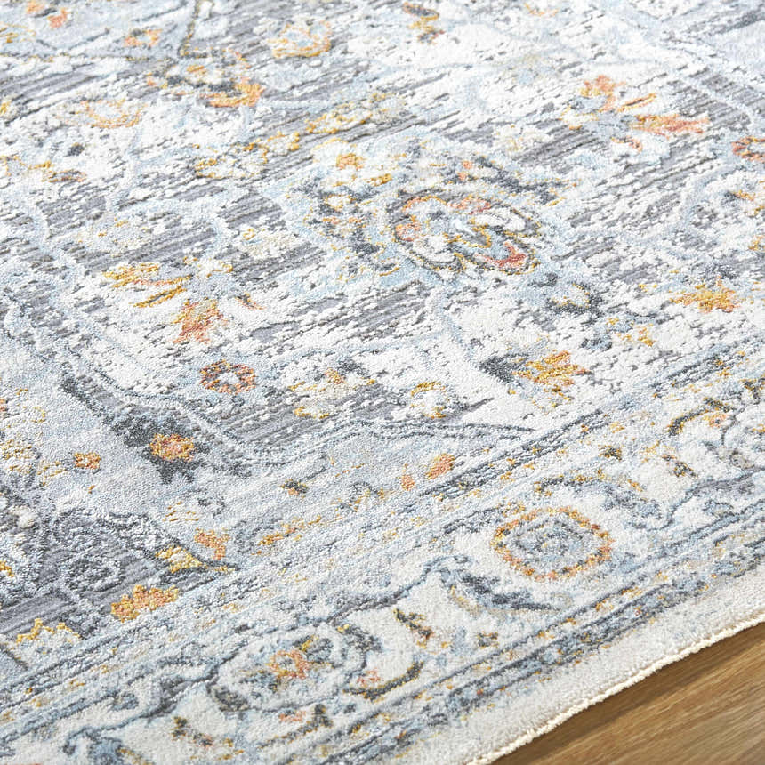 Close-up of the Hewez Area Rug, a clearance item. Features a traditional gray, nutmeg, and light blue pattern. Texture