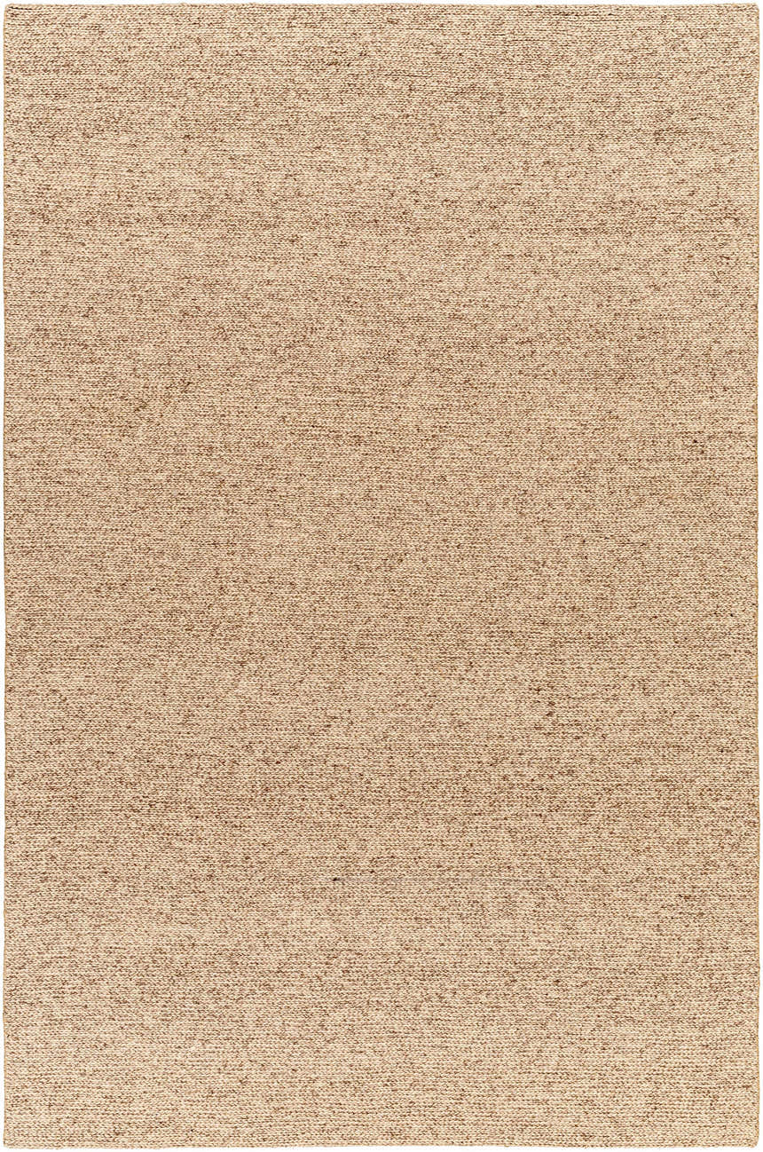Close-up of the hand woven Alyra Tan Solid Area Rug, showing texture and subtle shades of brown, taupe, and lambswool. Design-Rectangle-576