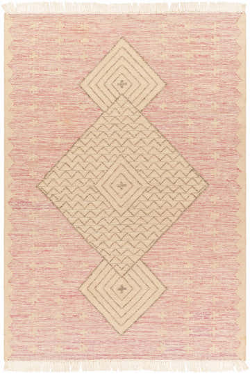 Close-up of the Sang Area Rug. Hand woven rug with pink and tan hues and diamond pattern. Farmhouse, transitional style. Design-Rectangle-576