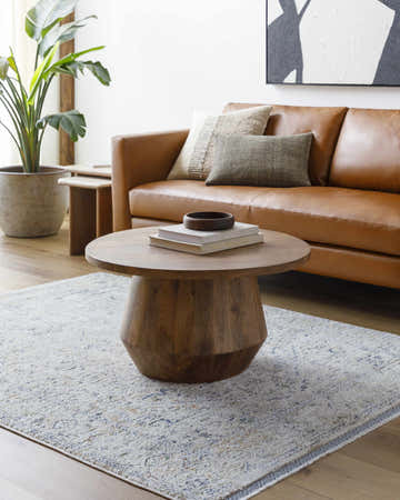 Living room scene with a brown leather sofa and the Charo Dusty Sage Area Rug in farmhouse style. Roomscene-Rectangle