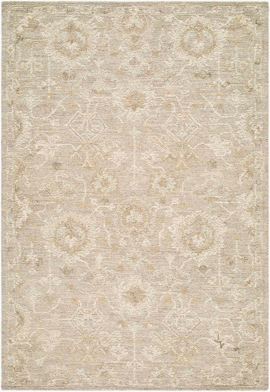 Close-up of the Vililo Traditional Handmade Area Rug. Beige, ivory, and sandstone floral pattern on hand-tufted wool. Design-Rectangle-576