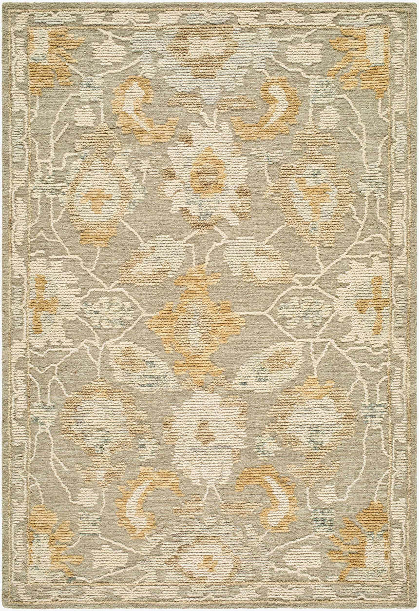 Close-up of the Bunopi Traditional Handmade Area Rug. Beige, cream, light gray, and mustard floral pattern. Hand-tufted wool texture. Design-Rectangle-576