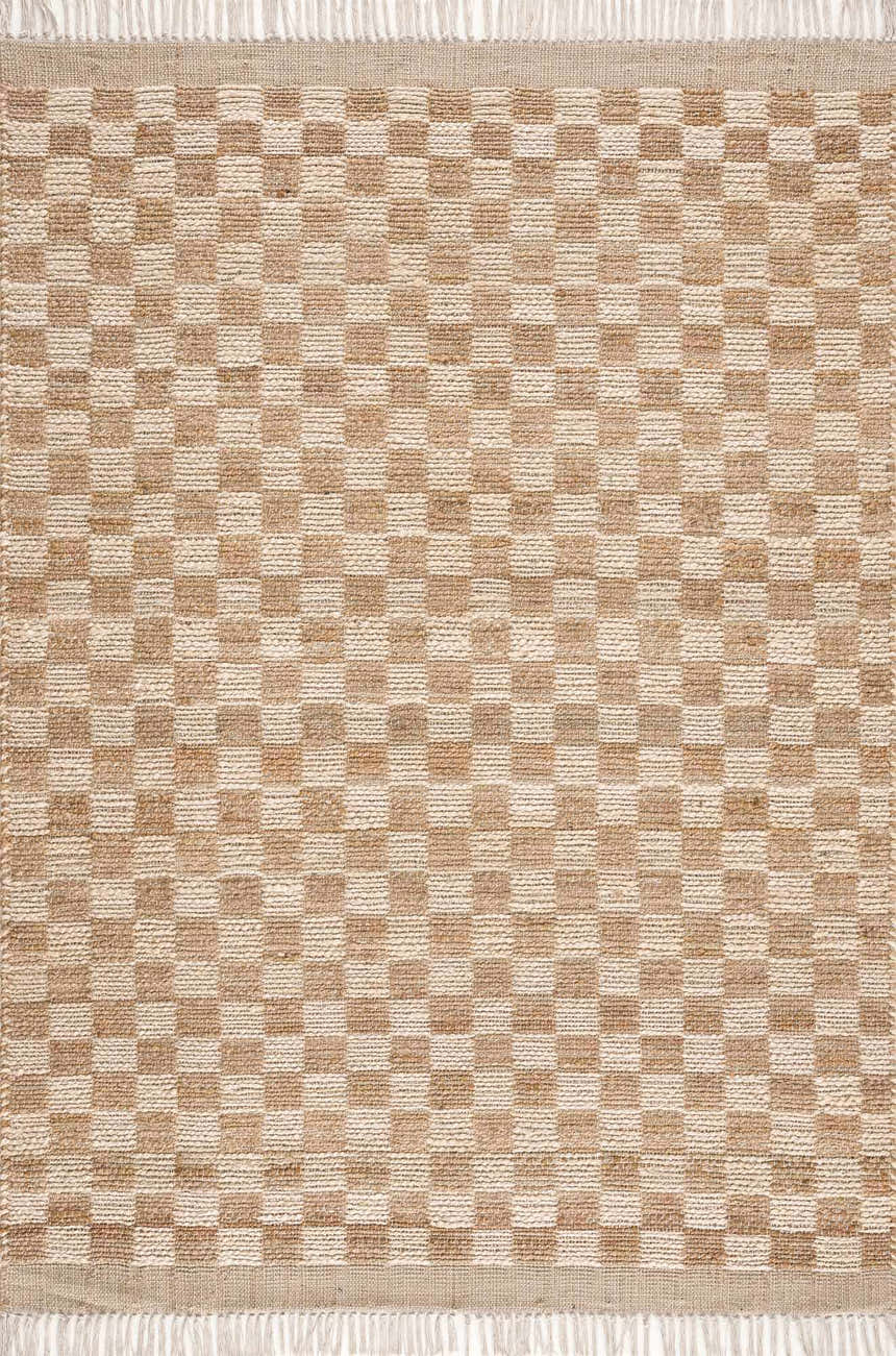 Close-up of the Ionut Checkered Jute Area Rug. Beige and tan squares create a classic checkerboard pattern. Hand-woven texture. Design-Rectangle