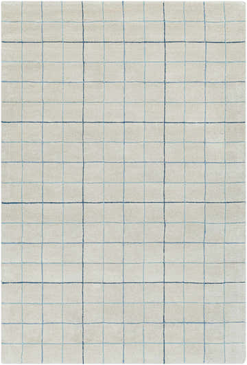 Close-up of the Toshi Beige Grid Wool Rug. Features a contemporary grid pattern in blue and light blue on a beige wool background. Design-Rectangle-576