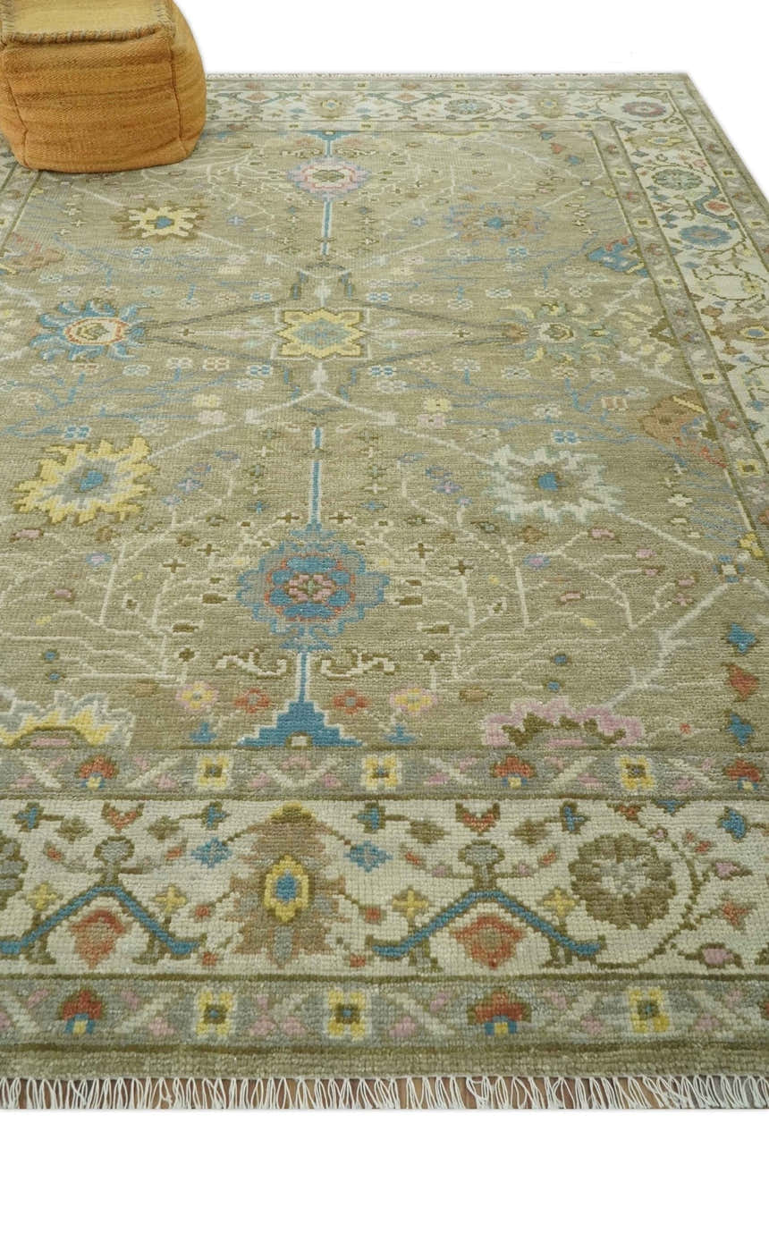 Traditional Floral Olive and Ivory Hand Knotted Oriental Oushak Custom Made wool area rug