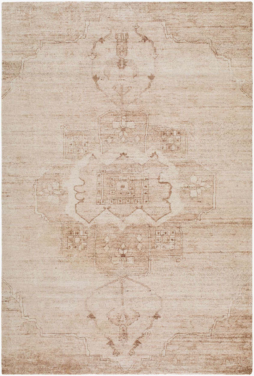 Close-up of the Hannan Area Rug. Hand-tufted polyester rug in beige, sandstone, sepia, and taupe with a traditional farmhouse design. Design-Rectangle-576