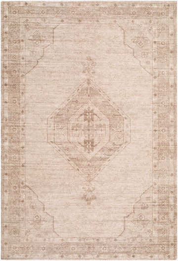 Close-up of the Hanini Area Rug, a beige and taupe hand-tufted rug with a traditional diamond and floral pattern. Design-Rectangle-576