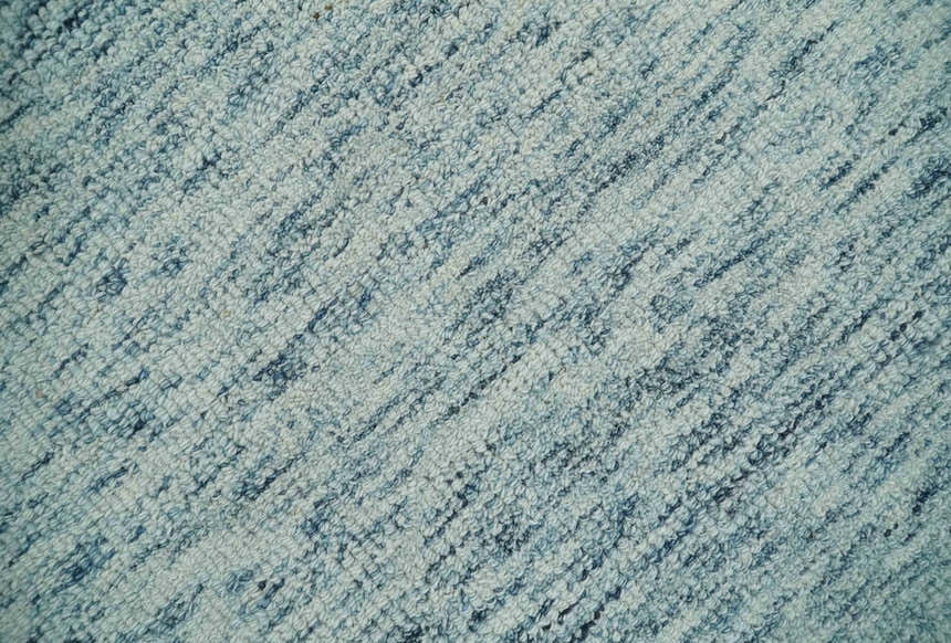 Custom Made Ivory and Blue Abstract Hand Tufted Natural Wool Area Rug
