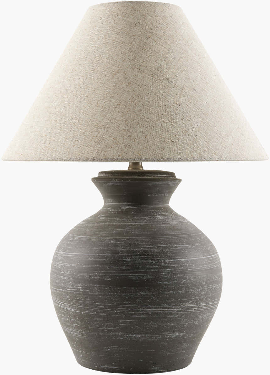 Dark Gray Rustic Table Lamp with Natural Linen Shade