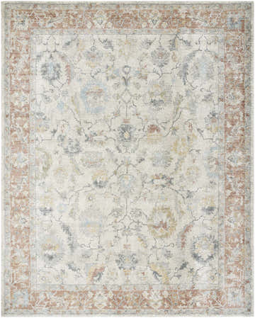 Close-up of the Yetta Beige Thick Luxe Area Rug, showcasing its traditional floral pattern and warm beige, pink, and gray tones. Design-Rectangle-71010