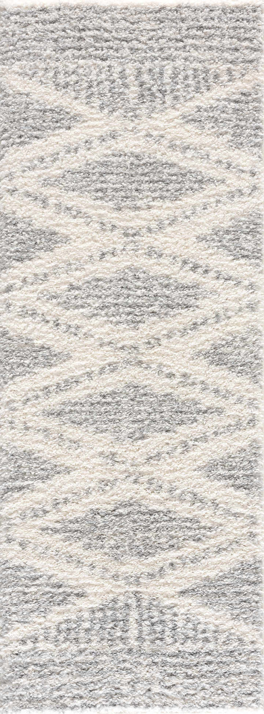 Close-up of a Trunding Plush Area Rug in Gray. Shag rug with a geometric pattern and cream and gray colors. Design-Runner-2773