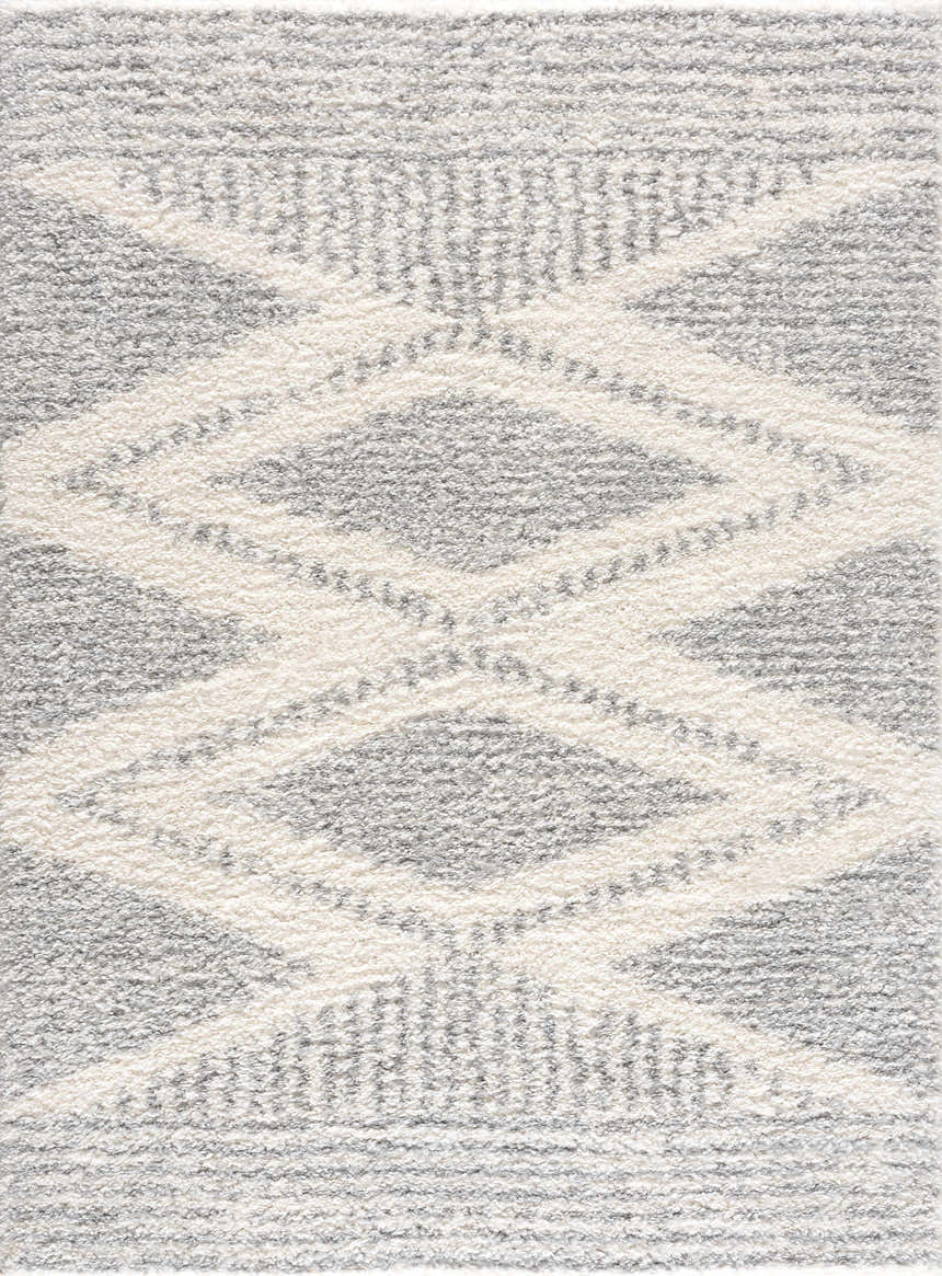 Close-up of the Trunding Plush Area Rug in Gray, featuring a cream geometric diamond pattern and soft shag texture. Design-Rectangle-5373
