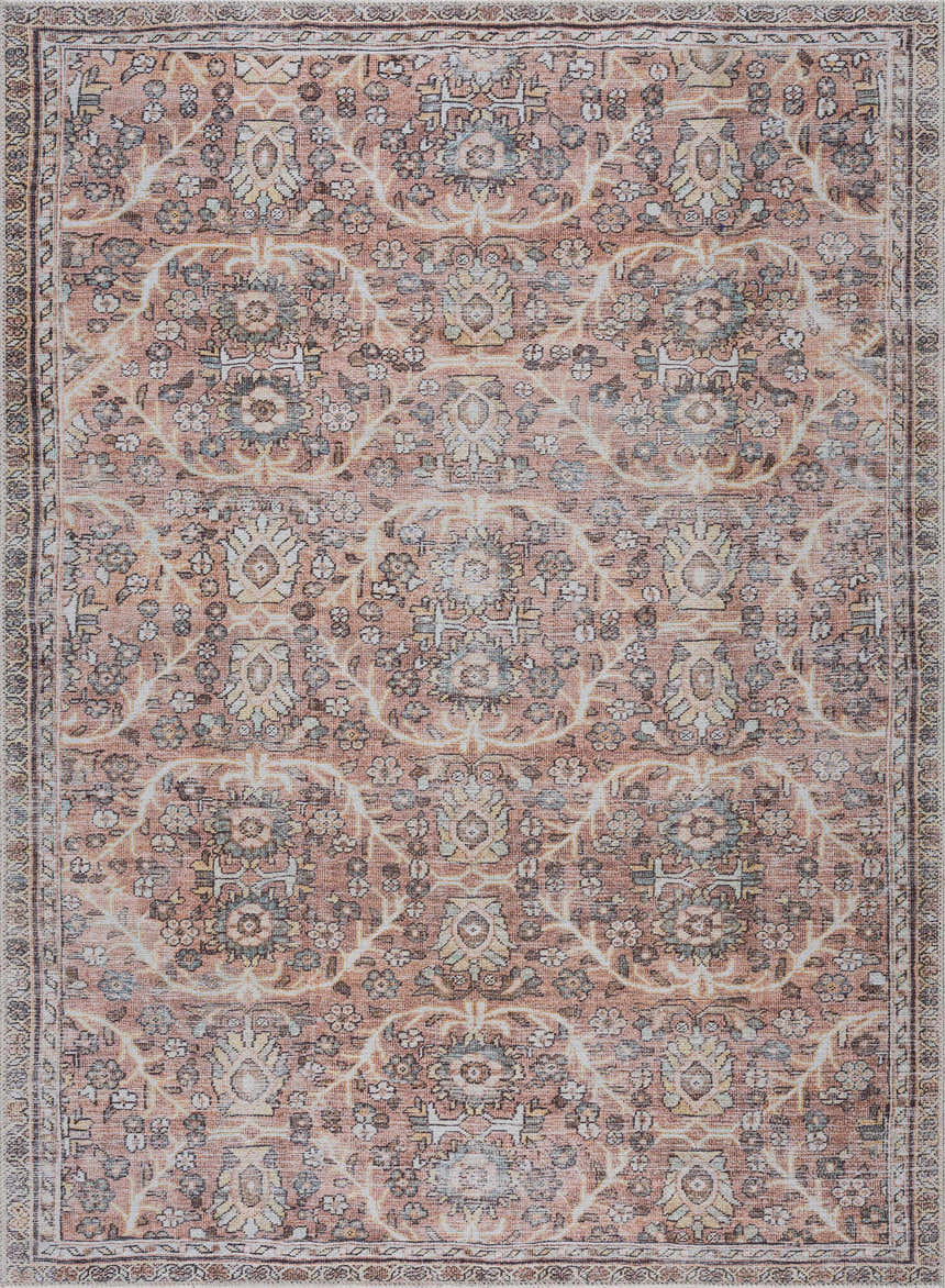 Detailed view of the Flat Pile Urpi Red Washable Rug, featuring a traditional Persian-style floral pattern in red, beige, and brown tones. Design-Rectangle-679