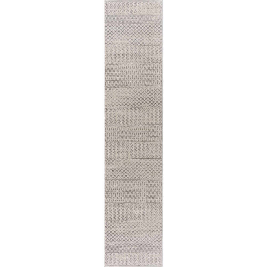Close-up of Tigri Aztec Ivory & Gray rug. Features a contemporary geometric pattern in neutral gray and ivory tones. Design-Runner-51